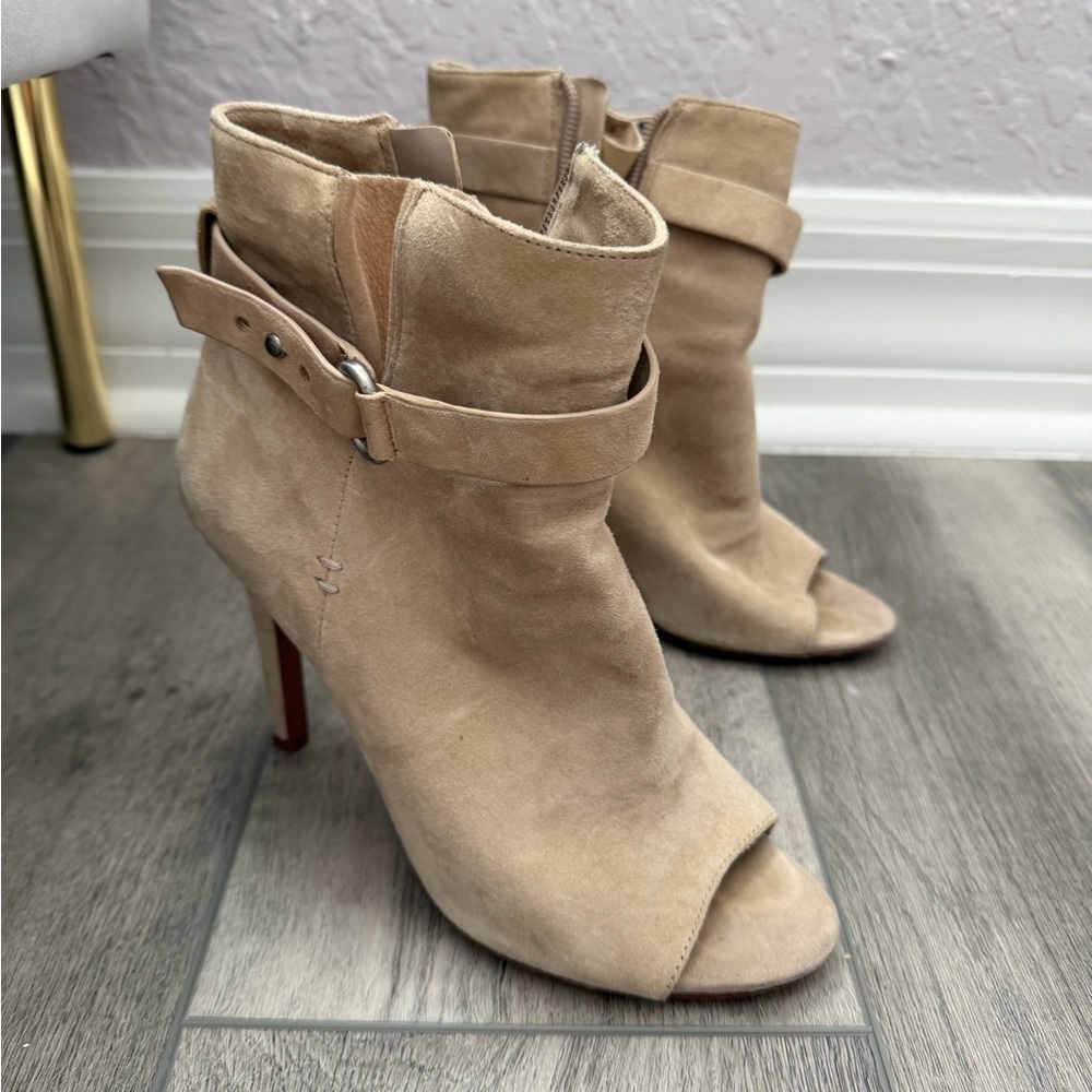 BCBG Beige Peep-Toe Ankle Booties